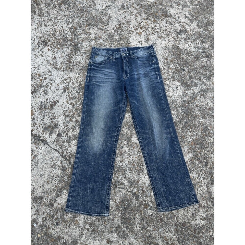 BKE Salvage Jeans Mens 34x32 Blue Anarchy Boot Cut Dark Wash Denim Faded